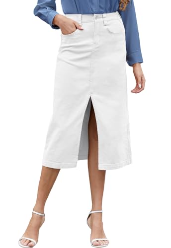 HERBATOMIA Women's Midi Cargo Front Slit Skirt High Elastic Waist White Vintage Trendy Solid Long Skirts for Women