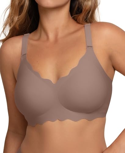 Image of COMFELIE Seamless Wireless T-Shirt Bra for Women, Full Coverage No Underwire with Deep V Neck, U-Back & Lace Trim