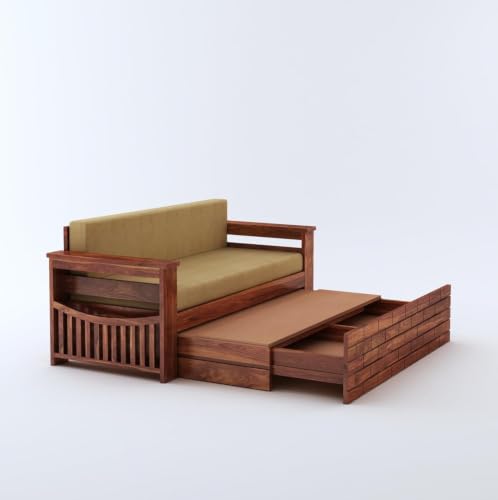 Image of MAMTA DECORATION Wooden Sofa Cum Bed for Living Room | Solid Sheesham Wood Convertible 3 Seater Diwan Sofa Bed with Pull-Out Storage Armrest | Folding Double Bed for Home & Guest Room | Honey Finish
