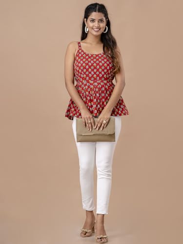 Image of feranoid Women Cotton Printed Sleeveless Strap Peplum Top
