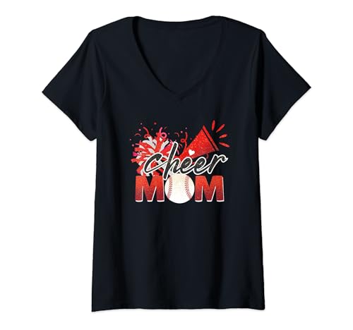 Mujer Cheer Mom Baseball Sport Lover Pom Party Gritando Divertido Camiseta Cuello V