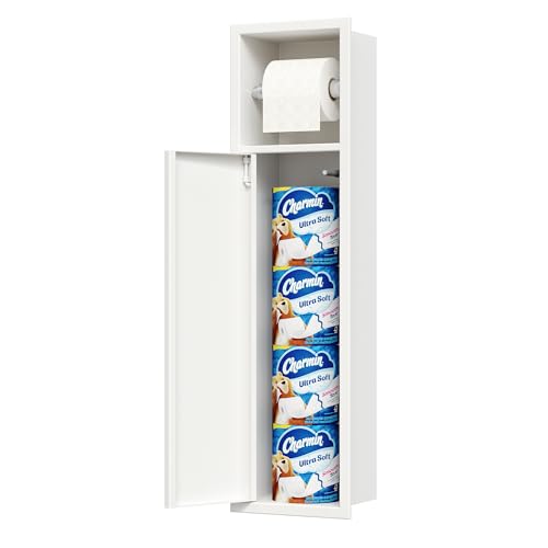 Qeke Recessed Toilet Paper Holder, SUS304 Stainless Steel Rustproof Recessed Toilet Paper Holder with Storage Cabinet, in Wall Tissue Paper Holder for Bathroom, Matte White, 4.7" Depth
