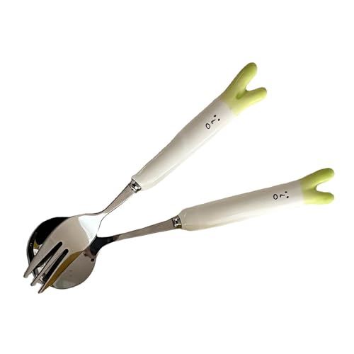Fdit Cartoon Fork Spoon Set, Cute Onion Shape Stainless Steel Ceramic Cutlery with Ergonomic Handle, for Camping Picnic Office Dining