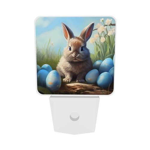 Image of Bunny Easter Eggs Blue LED Plug-in Night Light 2-Pack, Auto Sensor Nightlights Set of 2 for Bedroom Bathroom