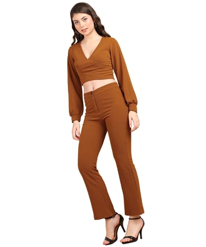 Image of POPWINGS Casual Solid Polyester Solid Crop Top and Trouser Co-Ord Set for Women | Stylish Western Co-Ord Set for Women | 2 Piece Set for Women