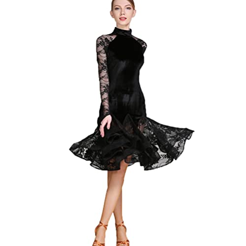 ZYDANC Black,M,Women's Lace Latin Dance Dresse Velvet Salsa Ballroom Performance Dance Outfits Tango Cha Cha Training Costumes