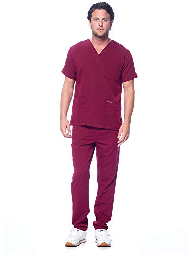 Dagacci Medical Uniform Unisex Women And Men’s V-Neck Super Stretch Scrub Set, Burgundy, M #TOP1