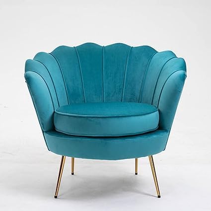 Image of Wooden Velvet Shell Accent Chair, Upholstery, Gold Metal Legs, Channel Tufted Design, Barrel Chair for Living Room, Drawing Room, Bedroom, & Office (Sky Blue)