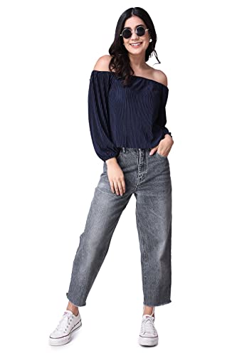 Image of POPWINGS Casual Wrinkle Off Shoulder Crop Top for Women - Designer Stylish Western Full Sleeves