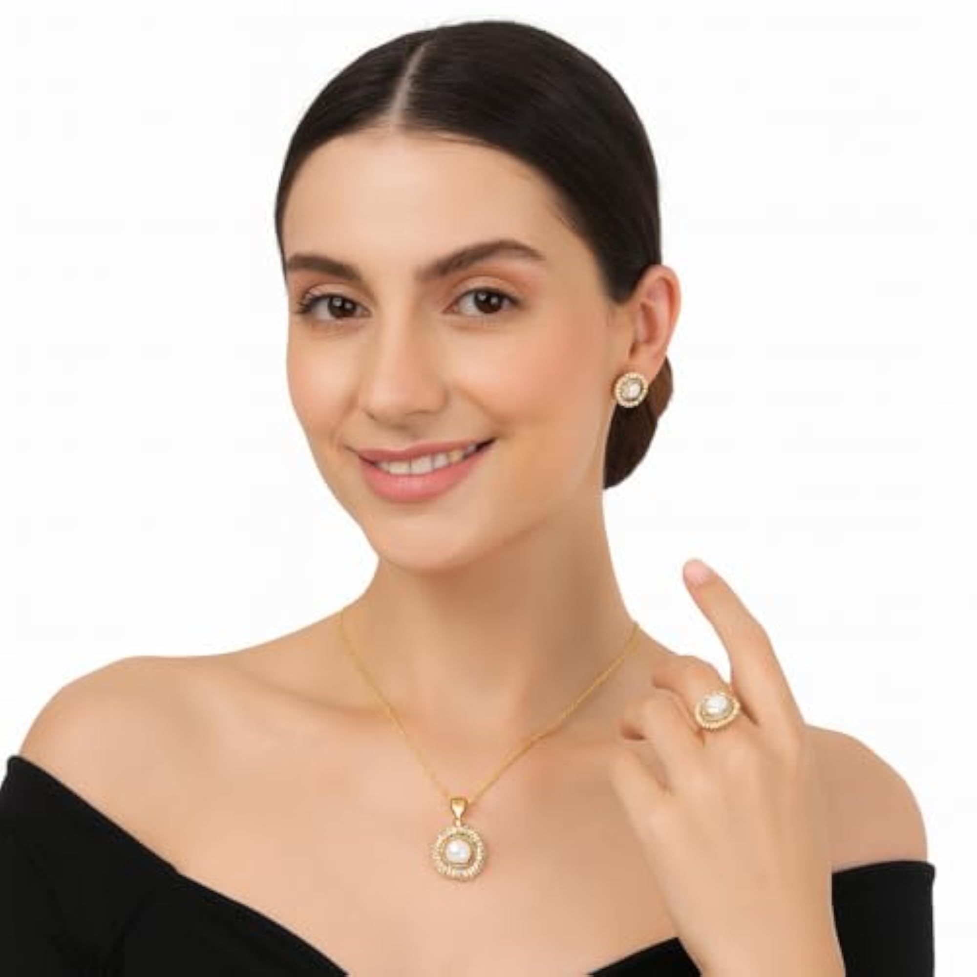 Women's Stylish Golden Finish Pearl Stud Earrings, Ring & Chain Pendant Set