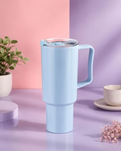Image of Clazkit 1200ML Tumbler with Handle & Straw, Plastic Travel Cup, Leakproof Reusable Mug for Cold Beverages, Office, Gym & Car - Blue