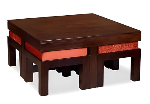 Image of Loonart Solid Sheesham Wood Coffee Table with Four Cushioned Stools | Idel for Living Room | Cafe | Restaurant | Space Saving Indoor Table Set | Finish Color - Natural Teak Finish | Pink Cushion |
