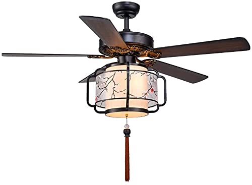 Silent Ceiling Fan Light Chinese Ceiling Fan Light Wood Lantern 5 Leaf Electric Fan Chandelier Living Room Fabric Fan Light Ceiling Fan Energy Saving (Color : Gold silk cover, Size : 52 inches) wan