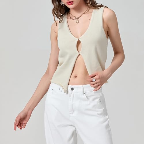 Image of Crochet Knitted Vest for Women Vintage Y2K Hollow Out Button Down Cardigan Retro Crochet Knit Tank Vest