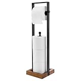MyGift Industrial Matte Black Metal and Burnt Wood Freestanding Toilet Paper Holder with Reserve Roll Storage – Bathroom Floor Stand Organizer