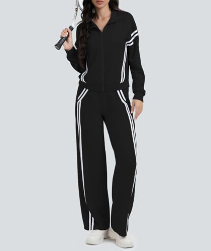 Women's 2 Piece Lounge Outfits Zip Up Sweat Set Contrast Striped Wide Leg Jogging Pants Travel Track Suit4