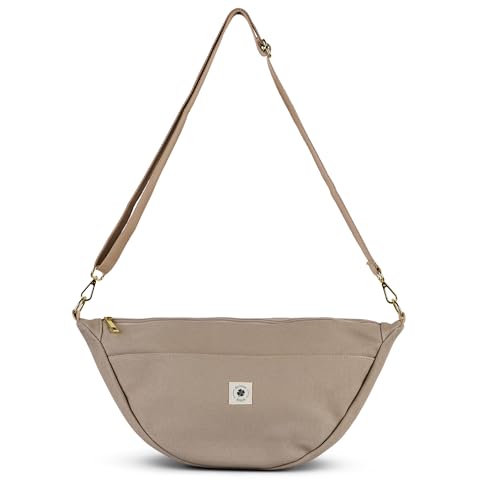 Canvas Moon Bag Damen mit Innen & Außentasche | Perfekt als Crossbody Bag mit verstellbarem Gurt | Umhängetasche Damen auch als Kinderwagen Organizer geeignet | Größe large & small (Taupe large)