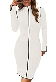 MEROKEETY Women's 2025 Long Sleeve Ribbed Knit Short Dress Color Block Mock Neck Bodycon Sweater Dresses, White, Medium