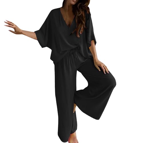 Ensembles de vêtements de détente pour femmes UK - Hauts tunique évasés à manches mi-longues et col en V et pantalons longs à jambes larges - Ensembles coordonnés pour dames - Ensemble pyjama doux et