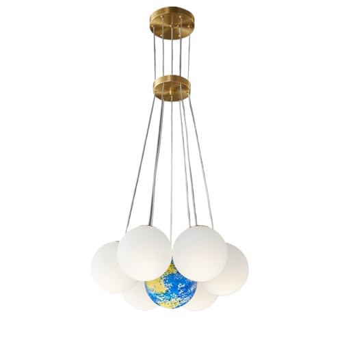 7 Light Milk White Bubble Ball Cluster Chandelier for Dining Room 3D Moon Earth PTS Pendant Light Nordic Mid Century Modern Ceiling Hanging Lamp for Kids Bedroom Living Room Foyer Farmho