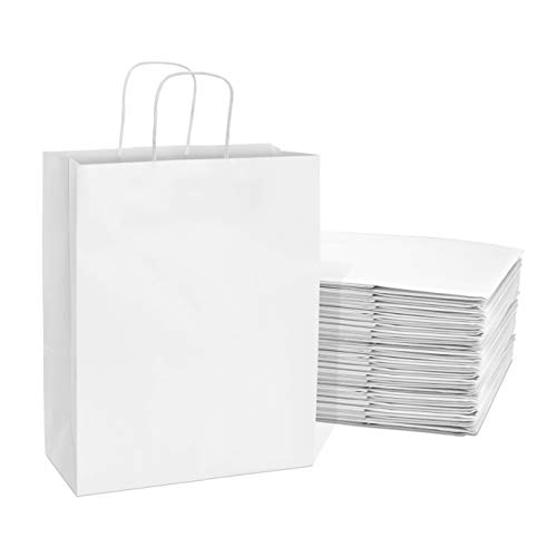 Prime Line Packaging Medium White Gift Bags with Handles, Shopping Totes for Small Business, Boutiques, Merchandise, Parties, Bulk, 10x5x13 100 Pack