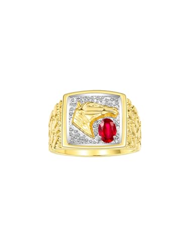 Image of Rylos Men's Yellow Gold-Plated Sterling Silver Lucky Nugget Horse Head Ring with 6X4MM Gemstone and Diamonds - Birthstone Elegance for Men, Sizes 8-13 Available