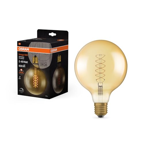 OSRAM Lámpara LED Vintage 1906 dorada, 7W, 600lm, forma de globo con 125 mm de diámetro y casquillo E27, luz blanca cálida, filamento en espiral, regulable, vida útil de hasta 15,000 horas