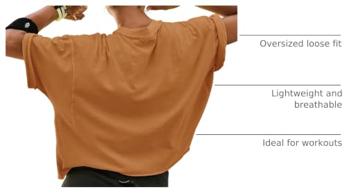 Image of HUGOOME Womens Oversized Workout Crop Top Casual Short Sleeve Boxy Roll Hem | Basic Half Split Sleeve Drop Shoulder Loose Yoga Running Gym Tee Cropped T-shirt Solid Trendy Relaxed Daily Tee