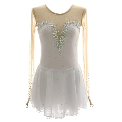 purpleq Damen Eiskunstlauf Kleid Kinder Mädchen Weiß Lange Ärmel Handgefertigter Eislauf Performance Rock Strass Patchwork Kürkleid Kurz Tanzanzug Wettbewerb Tanzkostüm,M
