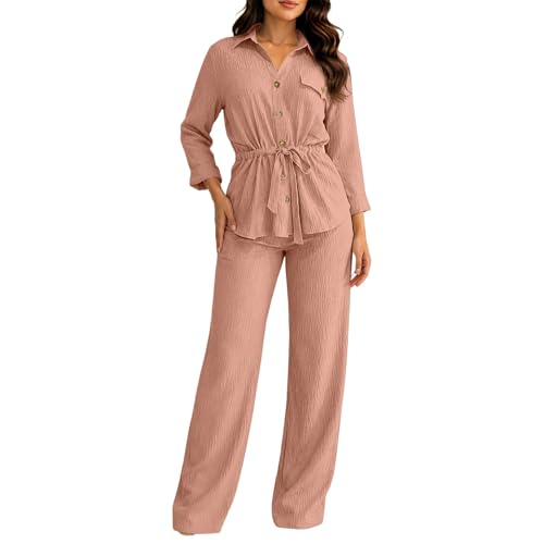 Conjunto de verano de dos piezas para mujer con blusa de cuello en V y pantalón informal monocolor