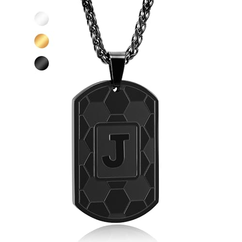 Soccer Initial Necklace for Men Boys Kids Teen Dog Tag Sliver/Black/Gold Letter Pendant Sport Soccer Athletes Jewelry Gifts for Kids Boys Men Teens Boyfriend Husband Dad