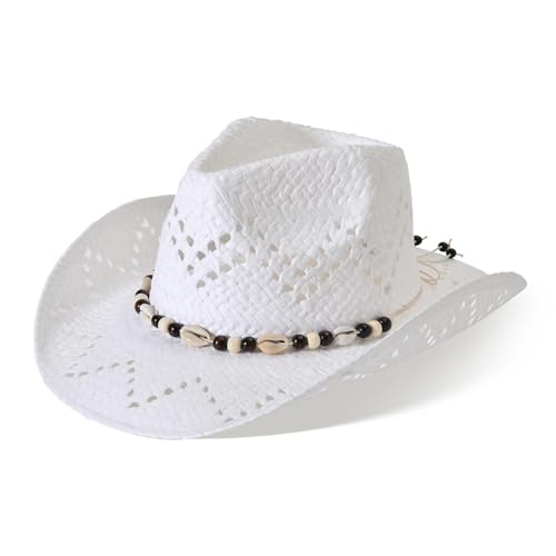 Cowboy Hats for Women & Men Straw Cowboy Hat Wide Brim Western Cowgirl Hats Summer Sun Hat (US Alpha Medium White)