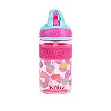Nuby Thirsty Kids Flip-it Freestyle On The Go Water Bottle with Bite Resistant Hard Straw Cup and Easy Grip Band, Pink Donuts, 12 Ounce