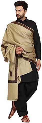 SWI WITH LABEL Men's Kashmiri Embroidered Wool Shawl (GC113_Deep Beige_Free Size), Deep Beige, Free Size