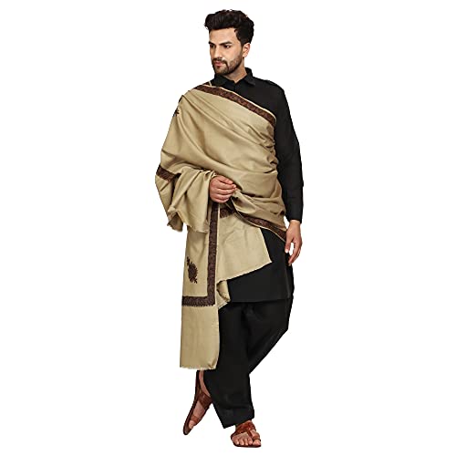 SWI WITH LABEL Men's Kashmiri Embroidered Wool Shawl (GC113_Deep Beige_Free Size), Deep Beige, Free Size