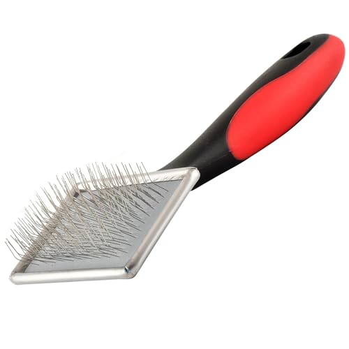 Image of Jeffers Pet Non Slip Slicker Grooming Brush - Soft Flexible Pins, Red & Black Handle. Detangling Grooming Tool for Dogs & Cats w /Short, Long, Thick & Curly Coats, Easy Storage, Travel Size - Small