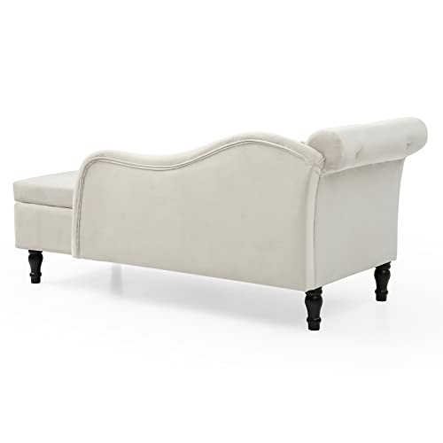Luckhao Chaise Lounge Indoor,Velvet Lounge Chair For Bedroom With Storage & Pillow,Modern Upholstered Rolled Arm Chase Lounge For Sleeping With Nailhead Trim For Living Room Bedroom Office(Beige) #TOP5