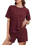 Ekouaer Schlafanzug Damen Kurz Pyjama Set Sommer Nachtwäsche Shorty Schlafanzüge Kurzarm Hausanzug Rundhals Loungewear, Rot L