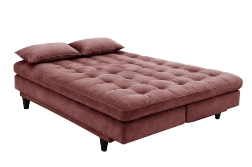 Image of 3-Seater Velvet Sofa Cum Bed | Tufted Convertible Sleeper Sofa | Plush Cushioned Seating | Space-Saving Design for Living Room, Bedroom & Office | Rose Pink