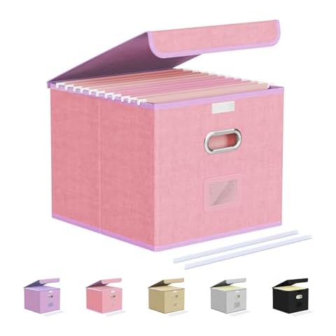 Oterri File Organizer Box,File Box,Small File Cabinet for Letter Folders,Pink Portable Filing Box,Collapsible File Organizer Box for Office/Decor/Home-1 Pack - without Folders Cover