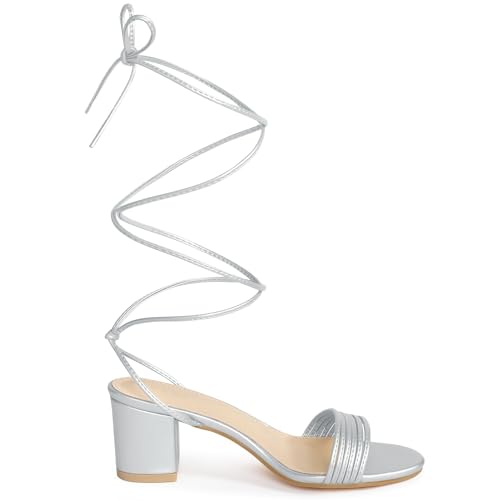 Allegra K Allegra K Women's Sparkle Strappy Silver Heels Lace Up Block Heel Sandals 5.5 M US