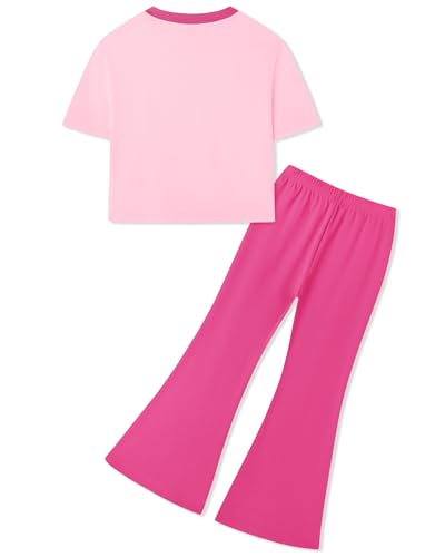 Image of Girls 2 Piece Outfit Colorblock Short Sleeve Graphic Tee & Flared Pants Casual Summer Clothes Set for Age 6-14