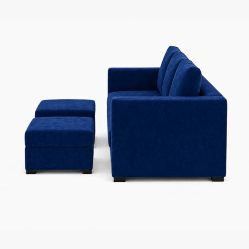 Image of FURNY Revona 5 Seater L Shape Sofa Set with 2 Movable Ottoman | Flexible Left or Right Layout | Plush Velvet Fabric (Dark Blue) | Perfect for Living Room, Guest Room & Office