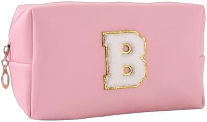 Makeup Bag Initial Preppy Patch Bag,Small PU Leather Travel Cosmetic Bag Pouch with Zipper, Pink Cute Toiletry Bag,Gift Ideal for Teen Girls Women Birthday Friend Mom, Latter B