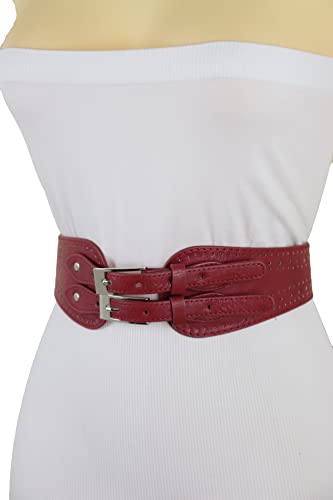 Women Fashion Stretch Belt Waist Hip Silver Metal Double Buckle Faux Leather Fit Size S M Red Color4
