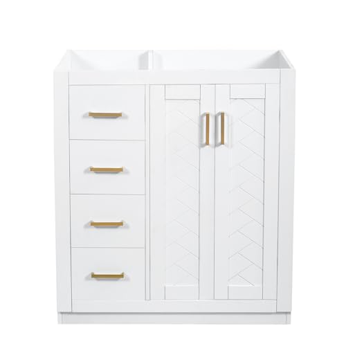 30 Inch White Bathroom Vanity Without Sink,Bathroom Vanity Base Cabinet | with Herringbone Pattern Soft Closing Doors,3 Left Drawers,Solid Wood Frame,Floor-Standing with Toe-Kick