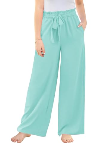 Image of Haloumoning Girls Wide Leg Pants High Elastic Smocked Waist Casual Flowy Cute Long Trousers