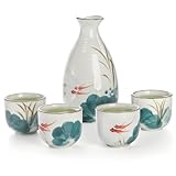 Tebery 5 Pieces Ceramic Japanese Sake Set Soju Tea Set, Porcelain Sake Tokkuri Bottle 8 fl oz and 2 fl oz Sake Ochoko Cups