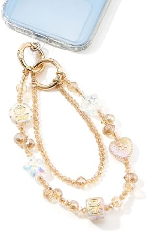 WOZEAH Phone Charm for Women, Crystal Beaded Wrist Strap Lanyard with Tether Tab – Anti-Theft Hands-Free Detachable Phone Chain Wristlet（Vintage Champagne）