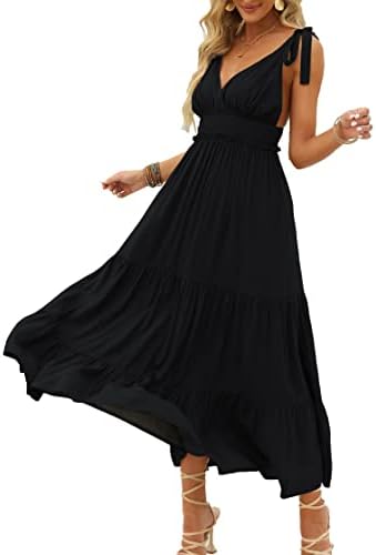 DEEP SELF Women's Summer Casual V Neck Backless Tie Strap Maxi Dress Long Summer Dress Maxi Dresses Black Long Flowy Dresses Solid